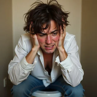 "A person sitting on a toilet, appearing uncomfortable due to constipation."