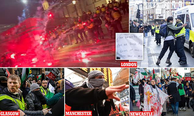 Four police officers were injured after pro-Palestinian protesters, 29 people - including man who held placard threatening to 'blow up House of Lords' - during 'Day of Action' with thousands marching across United Kingdom