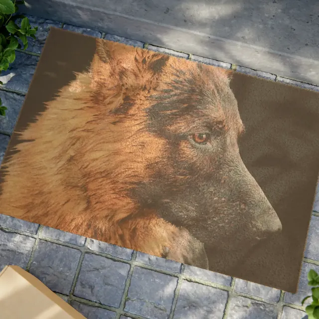 Doormat With Close Up Face of Red and Black German Shepherd Turning Right Side