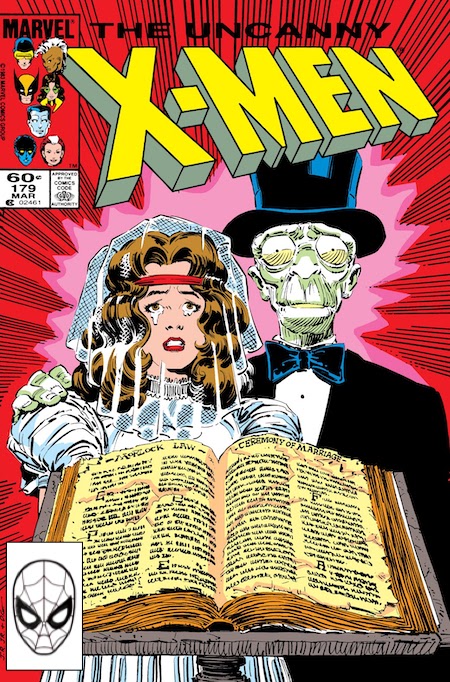 Cover of X-Men issue with Ariel in wedding dress next to Caliban in tux, open bible on stand in front of them