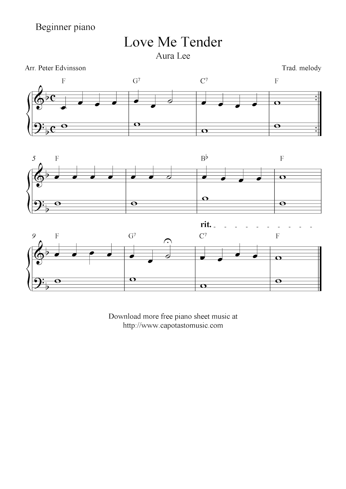 Free easy piano sheet music for beginners, Love Me Tender (Aura Lee)