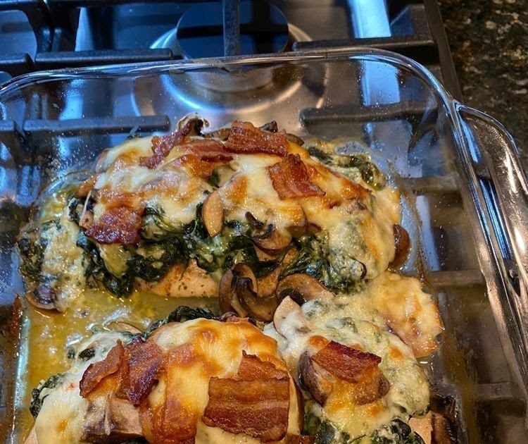 Smothered Chicken with Creamed Spinach Bacon And Mushrooms