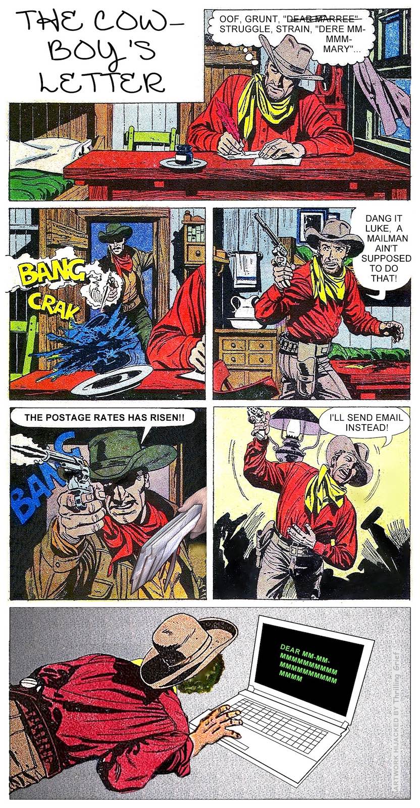 an old West comic book parody, re-witten comic books, post office parody