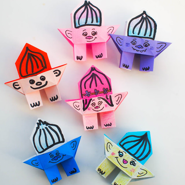 how to fold origami troll dolls - great activity for kids who enjoyed the Troll movie