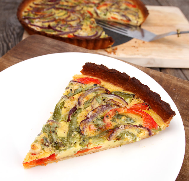 Oppskrift Hjemmelaget Quiche Pai Paprika Rødløk Vegansk Eggfri Kikertrøre Havrefløte