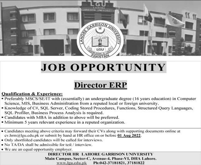 Lahore Garrison University Jobs for Directors, Nurses, etc in July 2022