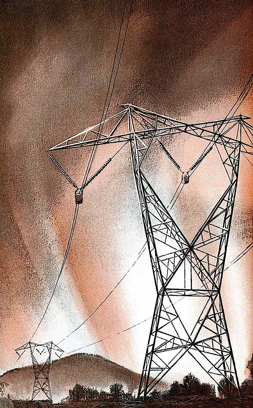 a color illustration of 1954 transmission towers