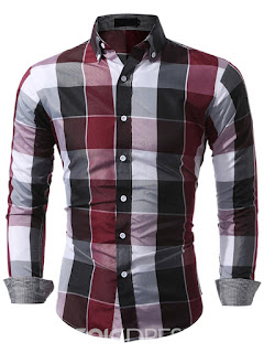  Long Sleeve Color Block Plaid Men's Shirt
