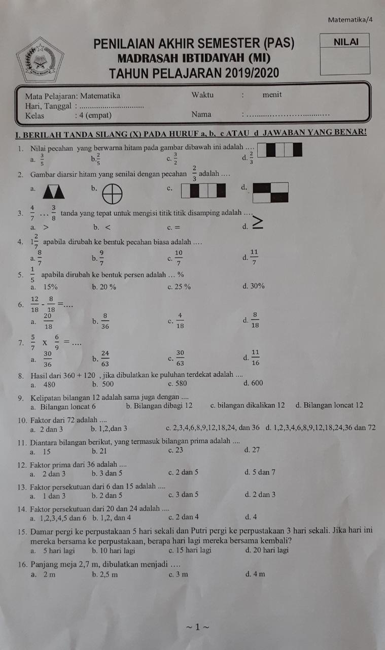 Contoh Soal Matematika Kelas 4 Sd Semester 2 soal skd