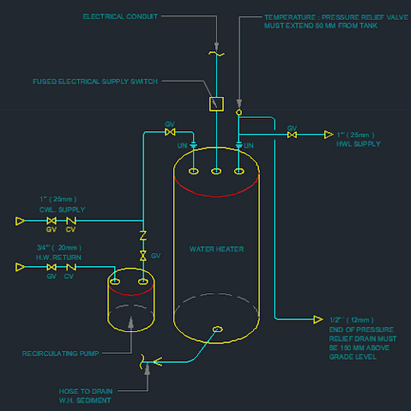 Centralized water heater piping connection dwg cad detail
