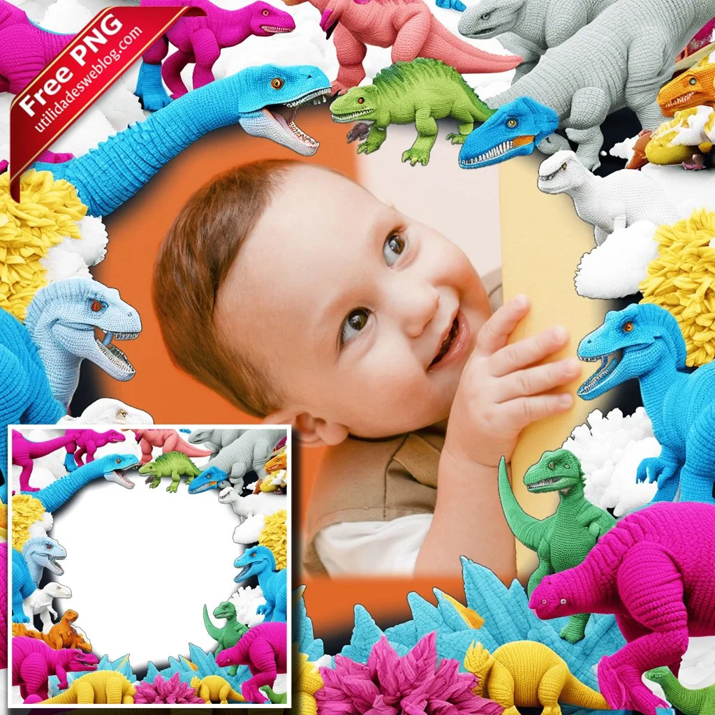 marco para fotos con dinosaurios bordados o de crochet en png con fondo transparente para descargar gratis