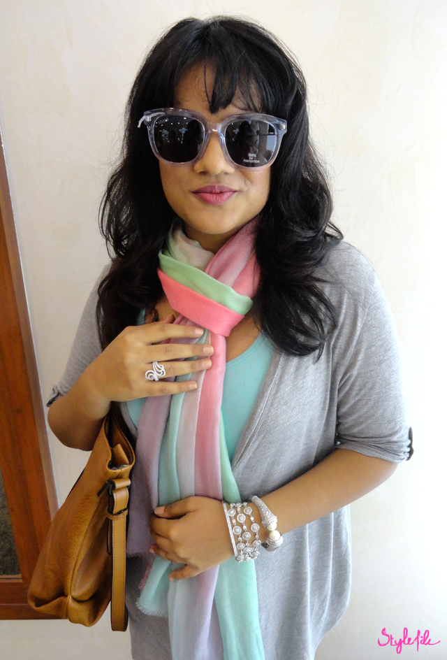 outfit, style file india, scarf, jewellery, pastel, sunglasses, arm party