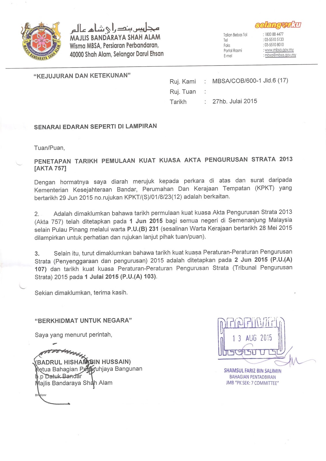 Contoh Surat Aduan Kepada Mbsa