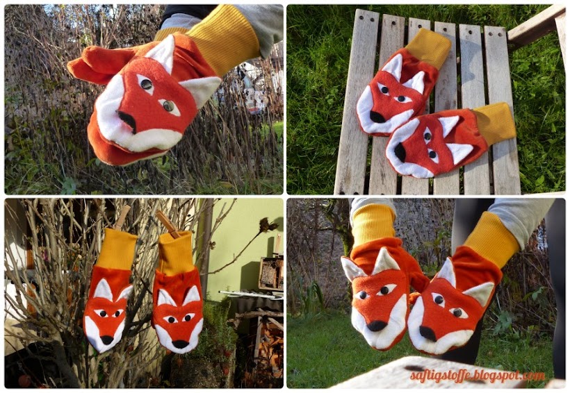 Handschuhe in orange mit Fuchsgesicht.. Zusammenstellung von 4 unterschiedlichen Bildern.