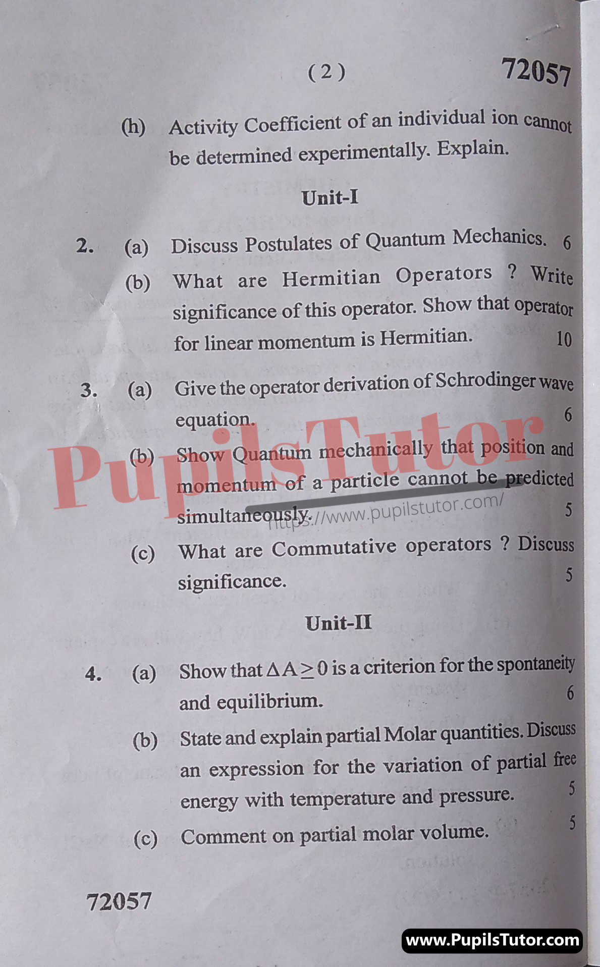 M.D. University M.Sc. [Chemistry] Physical Chemistry-I First Semester Important Question Answer And Solution - www.pupilstutor.com (Paper Page Number 2)