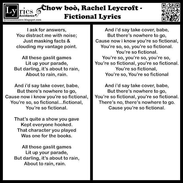 Chow boò, Rachel Leycroft - Fictional Lyrics | lyricsassistance.blogspot.com