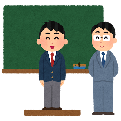 教壇で発表する生徒のイラスト（男子中学生・高校生）