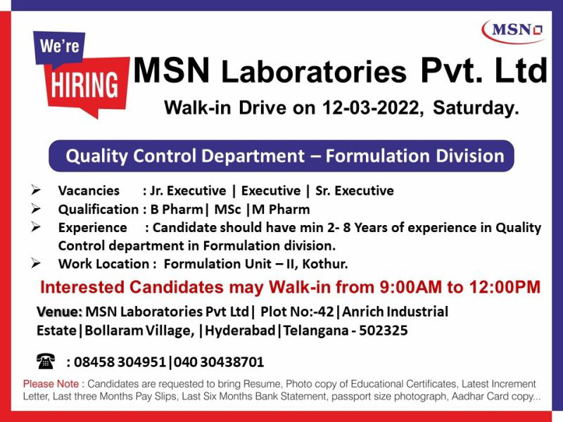 Job Availables,MSN Laboratories Pvt. Ltd Walk-In-Interview For B.Pharm/ M.Pharm/ MSc