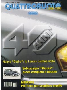 Quattroruote 484 - Febbraio 1996 | ISSN 0035-5917 | TRUE PDF | Mensile | Motori | Prove su Strada | Automobili | Listino Prezzi
Quattroruote è una rivista mensile italiana di automobilismo, fondata dall'imprenditore marchigiano Gianni Mazzocchi nel febbraio 1956, con l'obiettivo di creare una rivista per il «guidatore medio», ben presto divenuta la più venduta in Italia nel suo genere. Negli anni ha esteso la sua diffusione, stringendo accordi con diverse testate internazionali, in nazioni quali Russia, Cina, Romania e nel 2007 in Inghilterra, inaugurando una partnership con Top Gear.