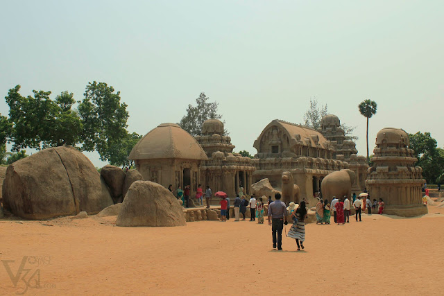 The Five Rathas starting from the left in the pic is Draupadi Ratha, Arjuna Ratha, Bhima Ratha, Dharmaraja Ratha and Nakula Sahadeva Ratha, along with the sculptures of Lion and elephant