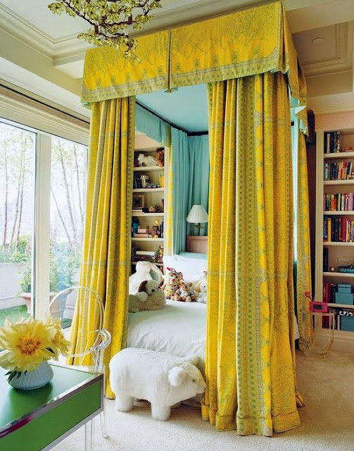 bold citron and turquoise master bedroom canopy bed