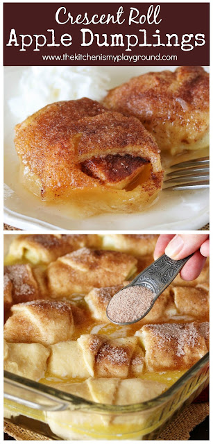 Crescent Roll Apple Dumplings ~ Warm crescent roll crust, tender apple filling, & cinnamon-sugar goodness baked on top. Quick and easy to make, these dumplings may just be the perfect fall comfort food dessert.  www.thekitchenismyplayground.com