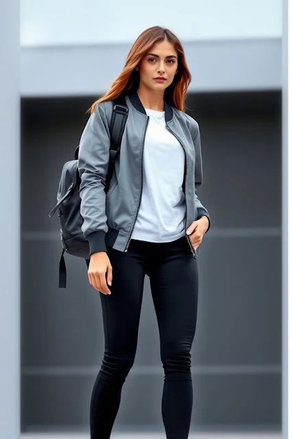 Model wearing a pair of black leggings with a white tee and a gray bomber jacket. Complete the look with white slip-on sneakers and a black leather backpack.