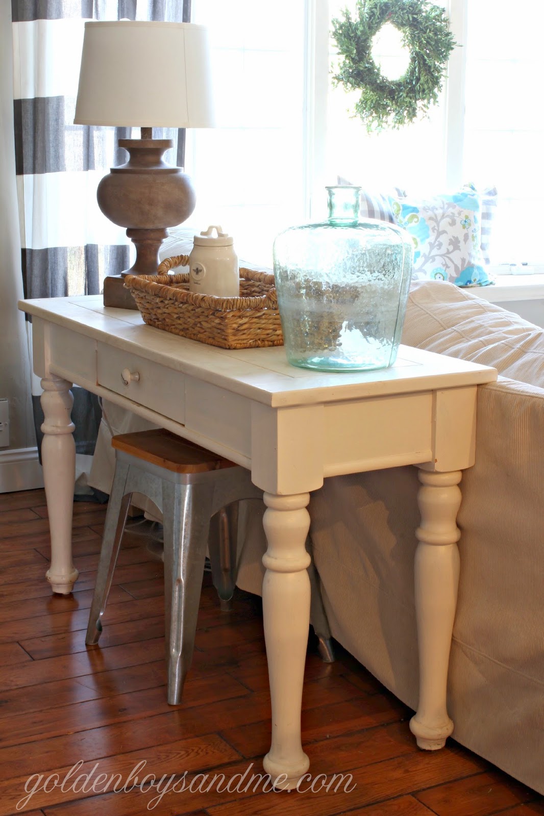 White painted sofa table with Target Threshold lamp-www.goldenboysandme.com