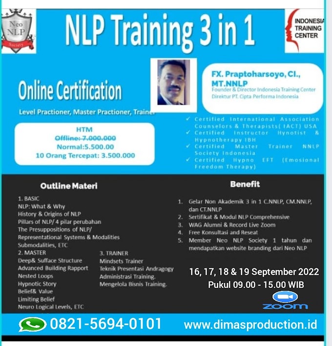 WA.0821-5694-0101 | Certified Neo Neuro Linguistic Programming Practitioner (C.NNLP), Certified Neo Neuro Linguistic Programming Master Practitioner (CM.NNLP), Certified Trainer Neo Neuro Linguistic Programming (CT.NNLP) 16 September 2022