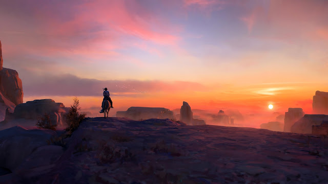 This stunning 4k wallpaper features a beautiful illustration of a cowboy riding off into the sunset, capturing the spirit of the West and all its rugged charm and beauty.