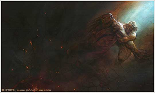 image: illustration by John Howe, Beowulf battles Grendl