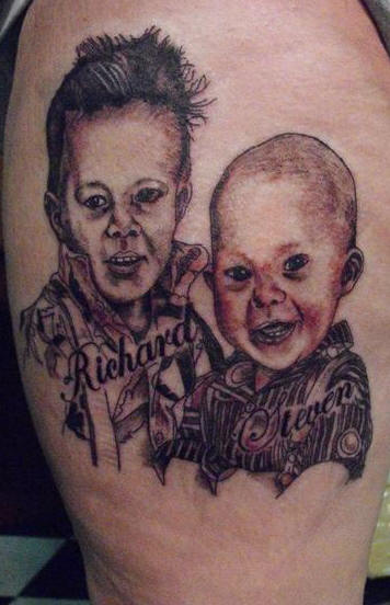 Tattoo portrait of two kids with names