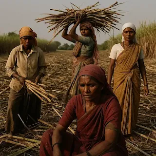 Four Indian women laboring in a sugarcane field, reflecting exhaustion, resilience, and the harsh realities of rural work life.