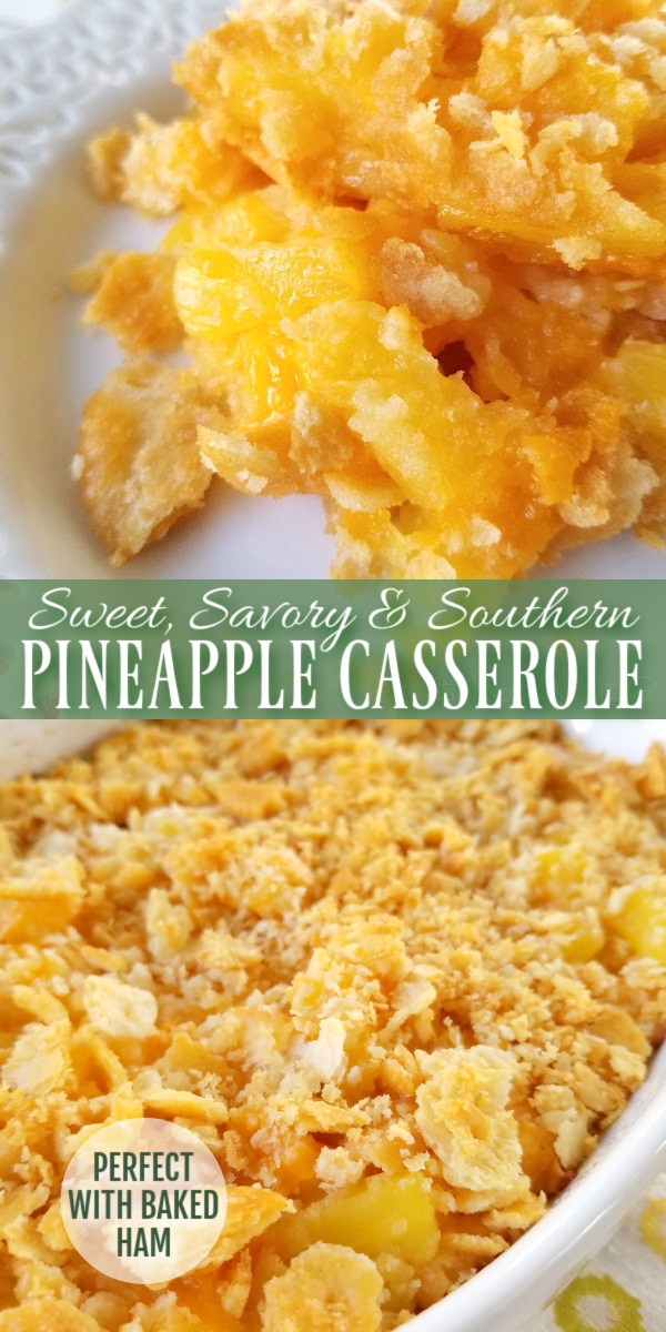 Pineapple Casserole! A sweet, savory, Southern casserole recipe with pineapple, buttery Ritz crackers and sharp cheddar cheese traditionally served with baked ham.