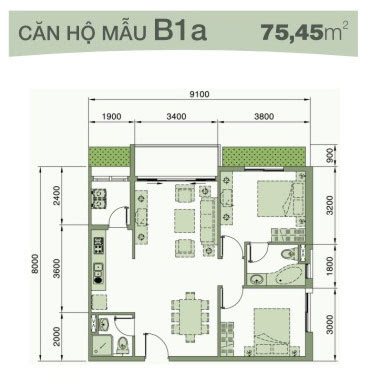 Căn hộ An Viên loại B1a : 75,45m2