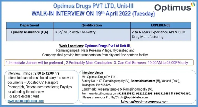 Job Availables,Optimus Drugs Pvt Ltd Walk-In-Interview For BSc/ MSc