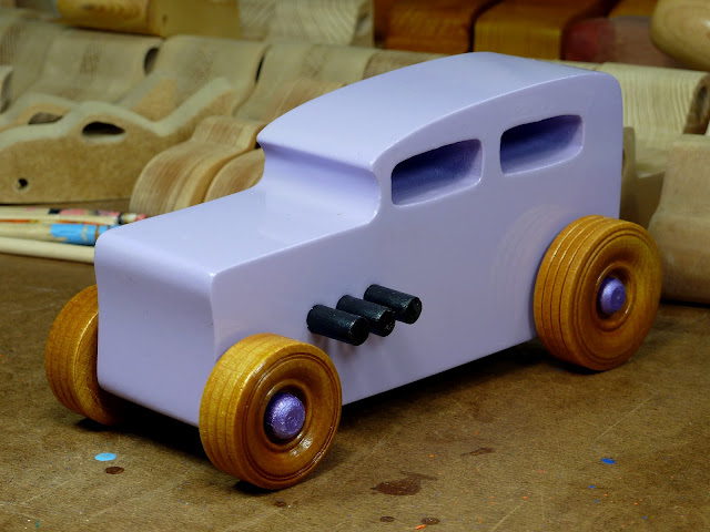 Wood Toy Car, Hot Rod 32 Sedan, Handmade and Painted  with Lavender,  Metallic Purple, Black Acrylic, and Amber Shellac