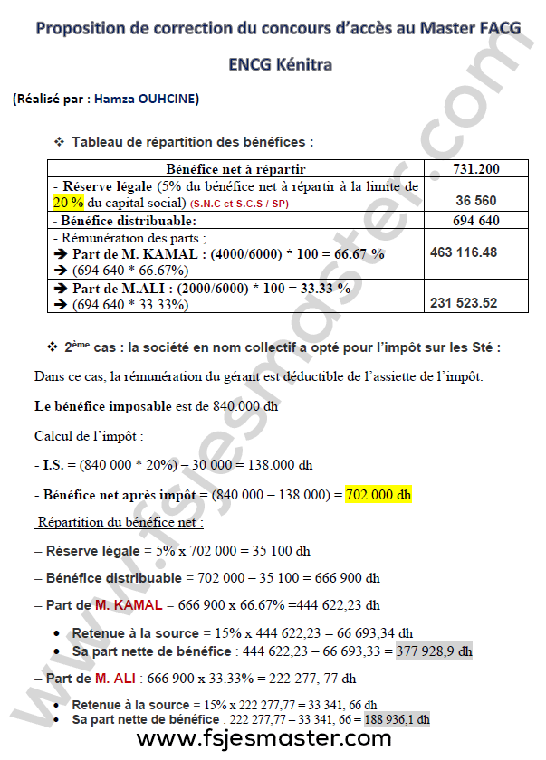 Correction de Concours Master Finance Audit et Contrôle de Gestion (FACG) - ENCG Kénitra