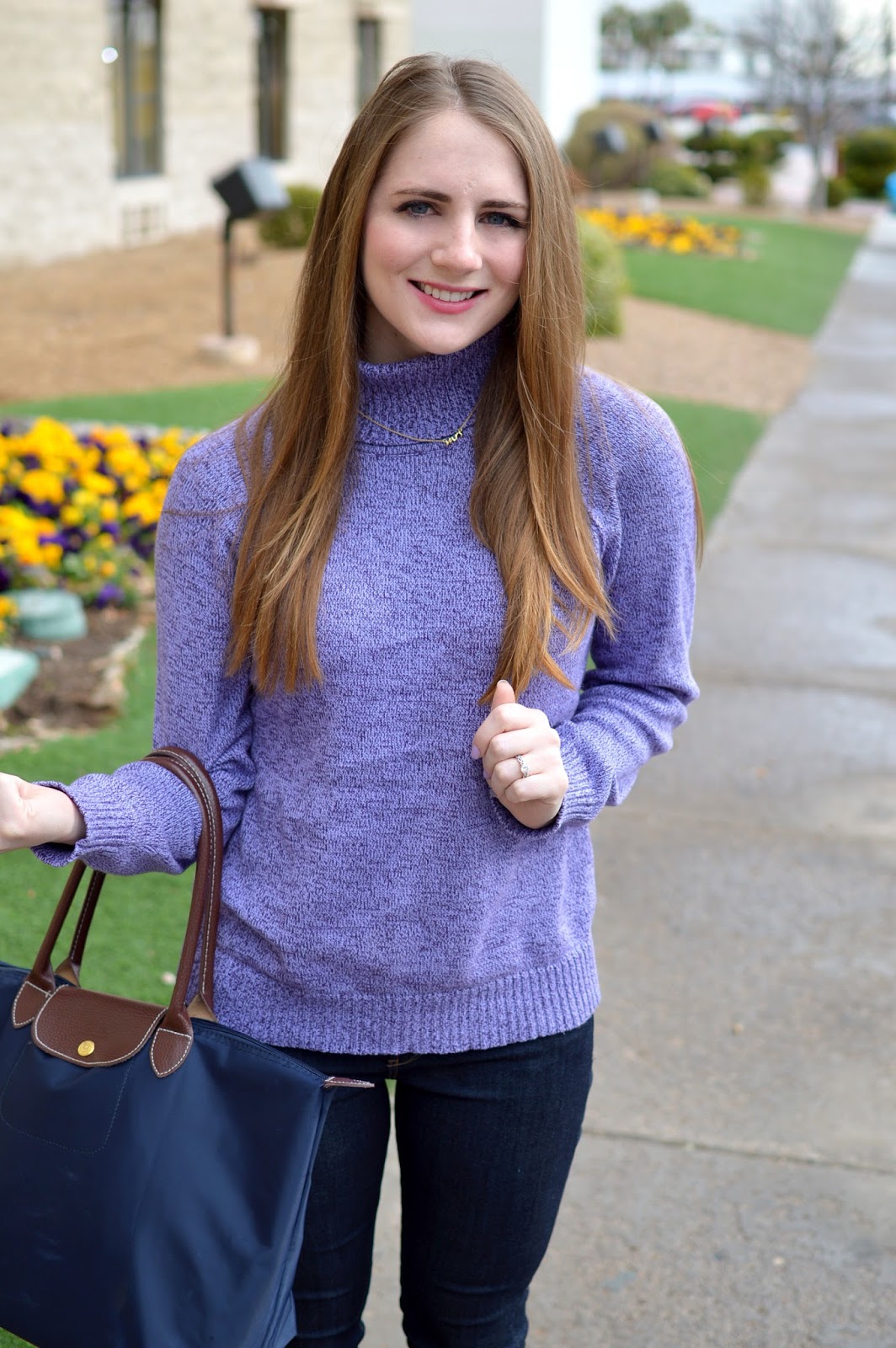 what to wear with a pruple turtleneck sweater
