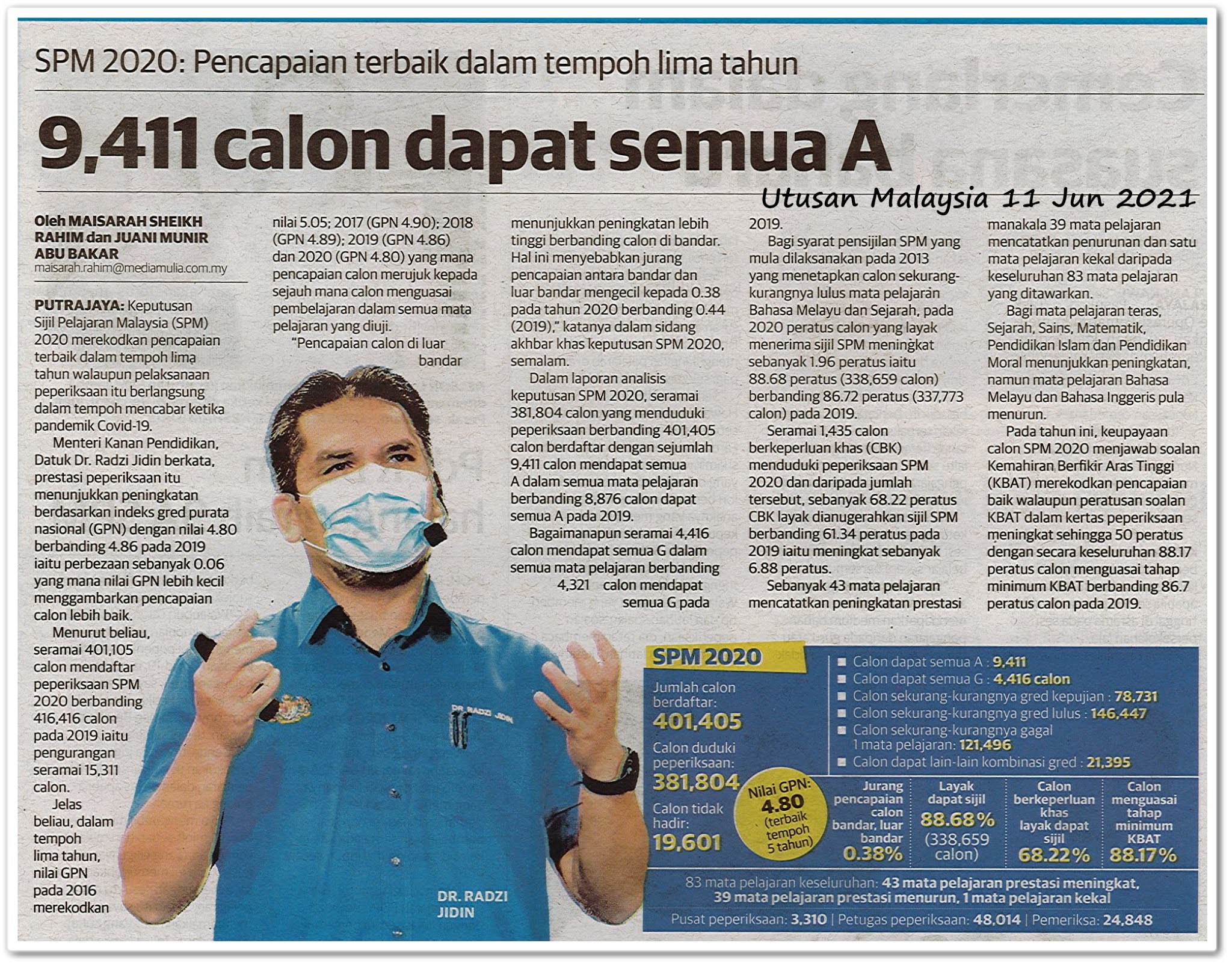 9,411 calon dapat semua A - Keratan akhbar Utusan Malaysia 11 Jun 2021