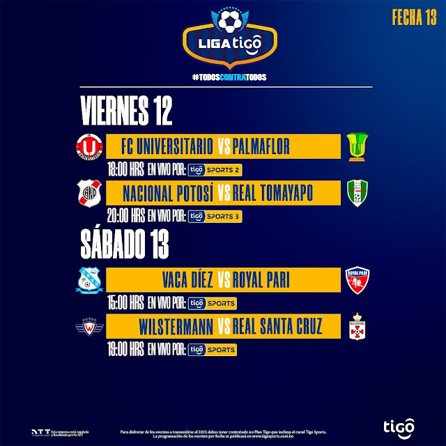 Programación de Tigo Sports Fecha 13 Torneo 2023