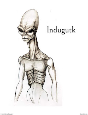An illustration depicting an Indugutk, a violent saurian-reptiloid alien species native to Uruud Prime in the Bellatrix system