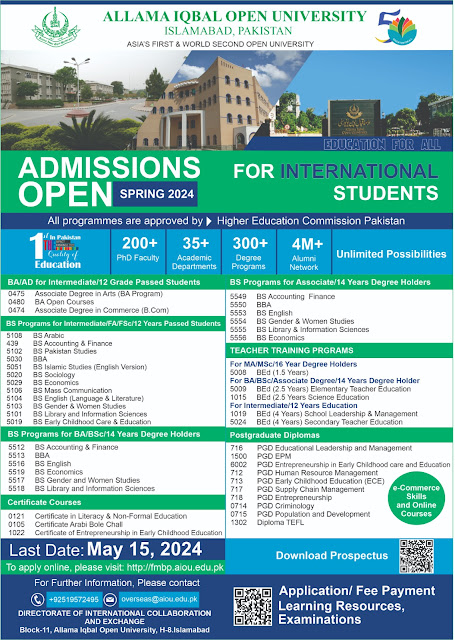 A banner advertisement showcasing admission open for international students at Allama Iqbal Open University for the Spring 2024 semester.