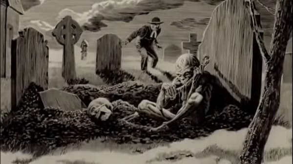 The priest surprise the ghoul eating a corpse remains in the cemetery. By John Bolton Illustrator for the movie The Ghouls The Monster Club