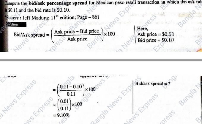 Compute the bid/ask percentage spread for Mexican peso retail transaction in which the ask rate is $0.11 and the bid rate is $0.10