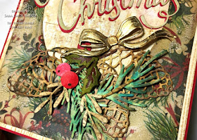 Sara Emily Barker https://sarascloset1.blogspot.com/2019/11/vintage-christmas-card-for-funkie.html Vintage Christmas Card Tim Holtz Worn Wallpaper Sizzix Thinlits Christmas Ribbon Festive Greens Funky Festive Florals Pine Branch  4