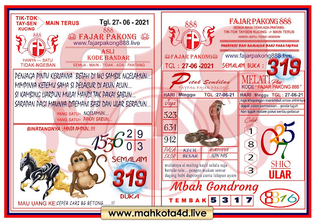 Syair Prediksi Fajar Pakong 888 Senin, 28 - Juni - 2021