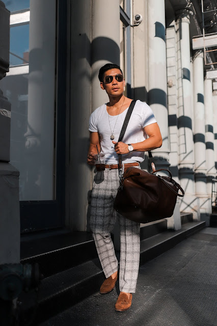 Leo Chan wearing Suit Supply Plaid Pants Casually with TShirt | Asian Male Model and Blogger