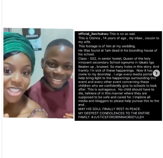 The Truth must be told- Nigerian Rapper calls out for justice as he 14-year-old in-law was found dead in Boarding school