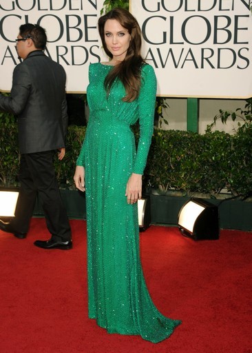 Angelina Jolie green Versace dress Golden Globes 2011 with Brad Pitt